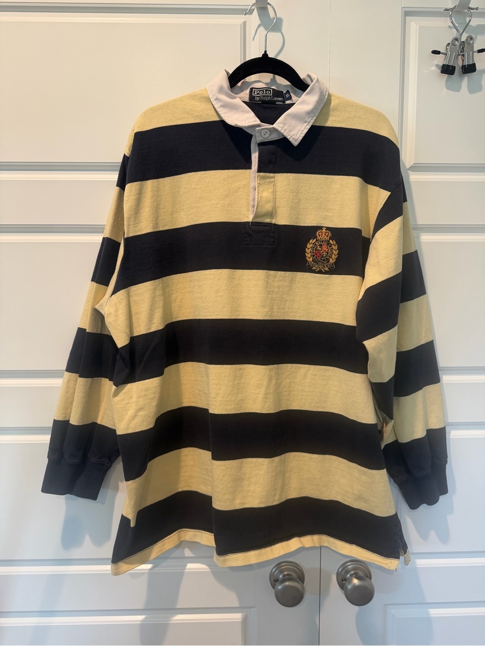 Vintage 90s Polo Ralph Lauren Navy & Yellow Rugby Royal Crest Embroidered XLarge